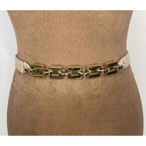 Vintage Statement Belt ~Beige/Gold Leather w Chain-Medium-Pin Buckle-Ann Taylor